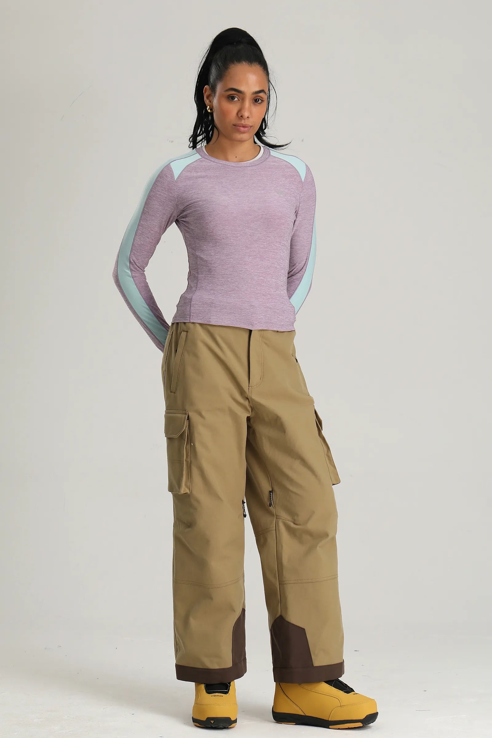 Women's Khaki Utility Contrast-Stitch Baggy Snow Pants