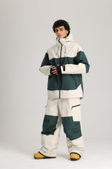 Men's Green & Off White Color Block Relaxed Fit Technical Snow Pants