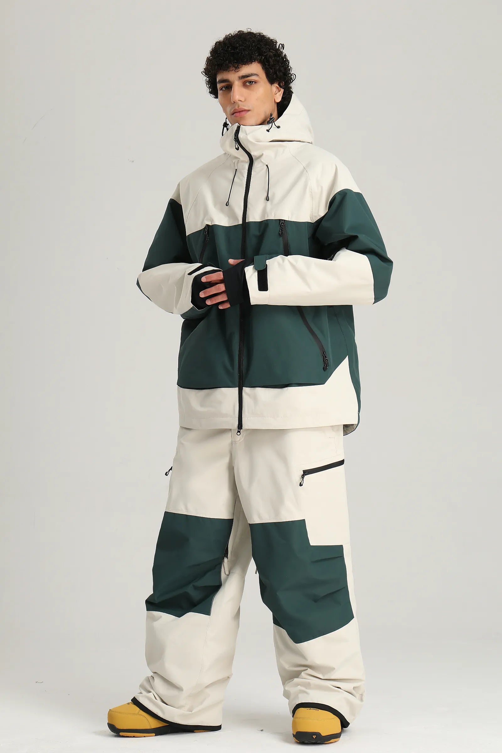 Men's Green & Off White Color Block Relaxed Fit Technical Snow Pants