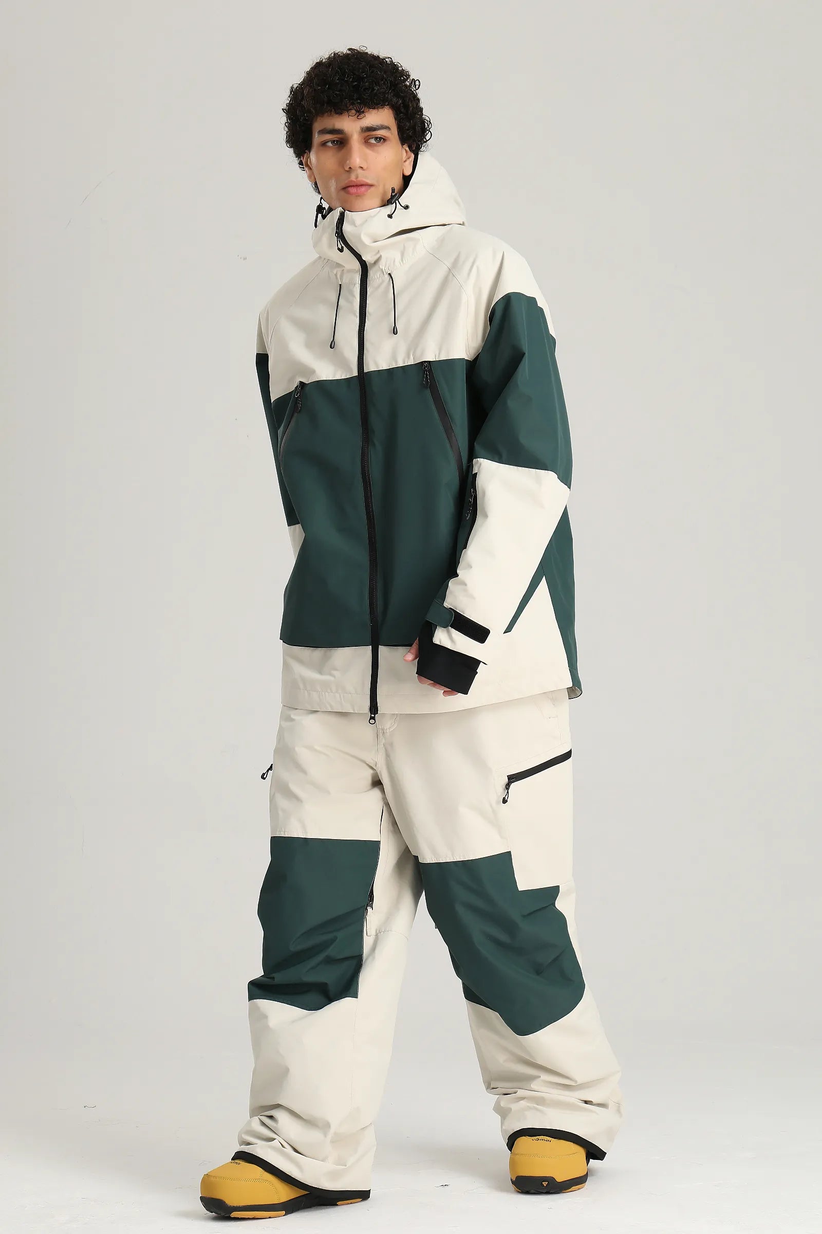 Men's Green & Off White Color Block Relaxed Fit Technical Snow Pants