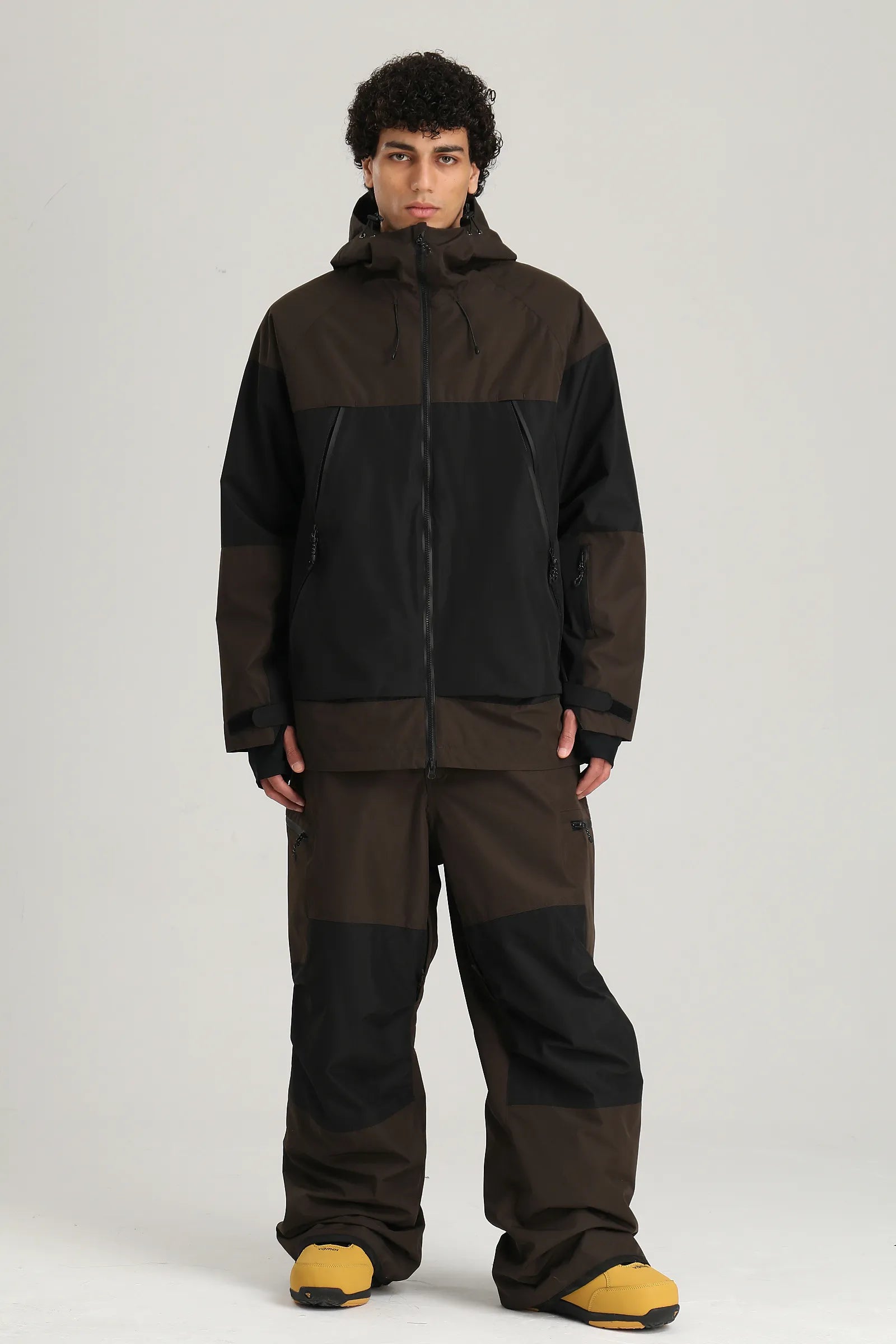 Men's Dark Brown Color Block Relaxed Fit Technical Snow Pants