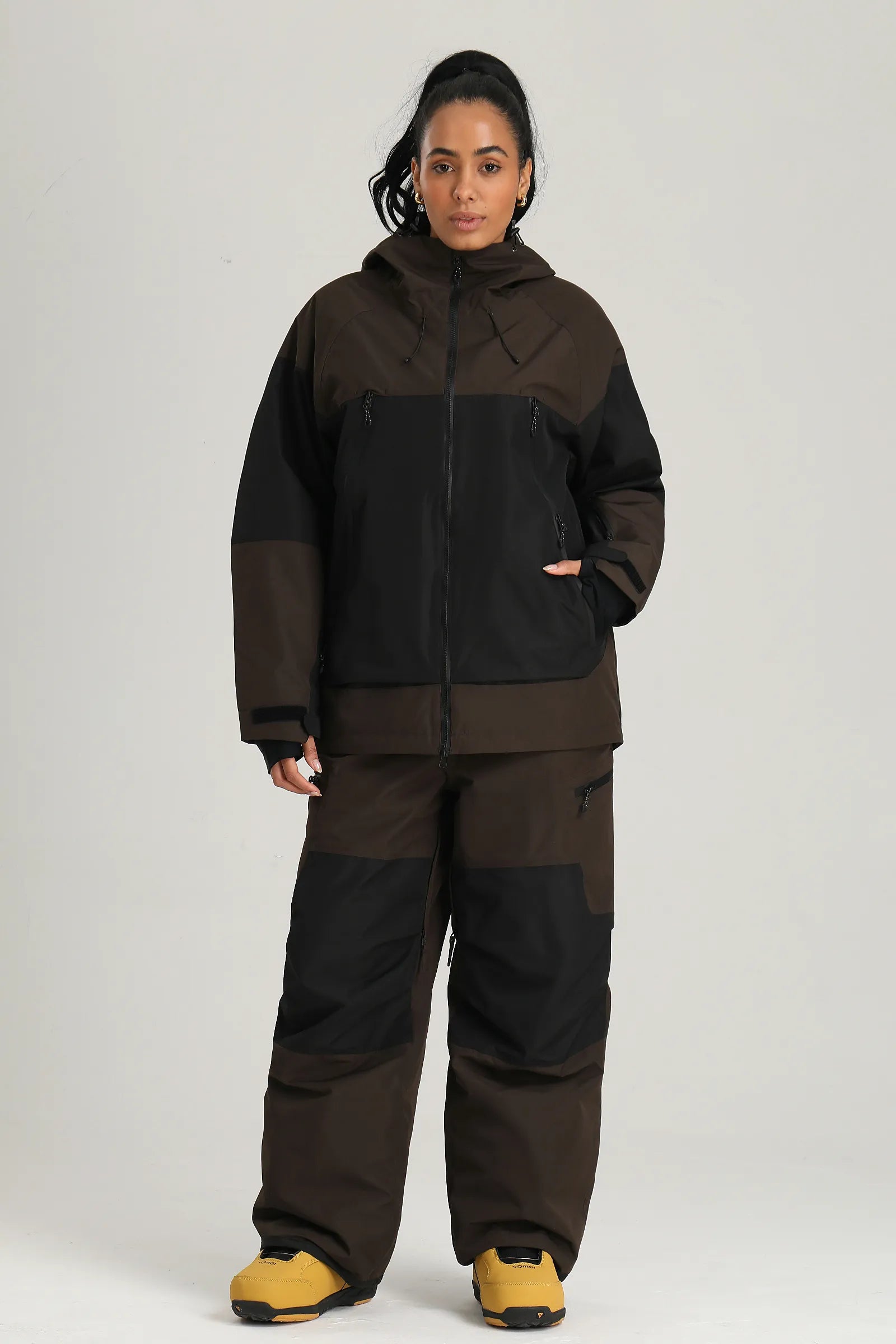 Women's Dark Brown Color Block Relaxed Fit Technical Snow Pants