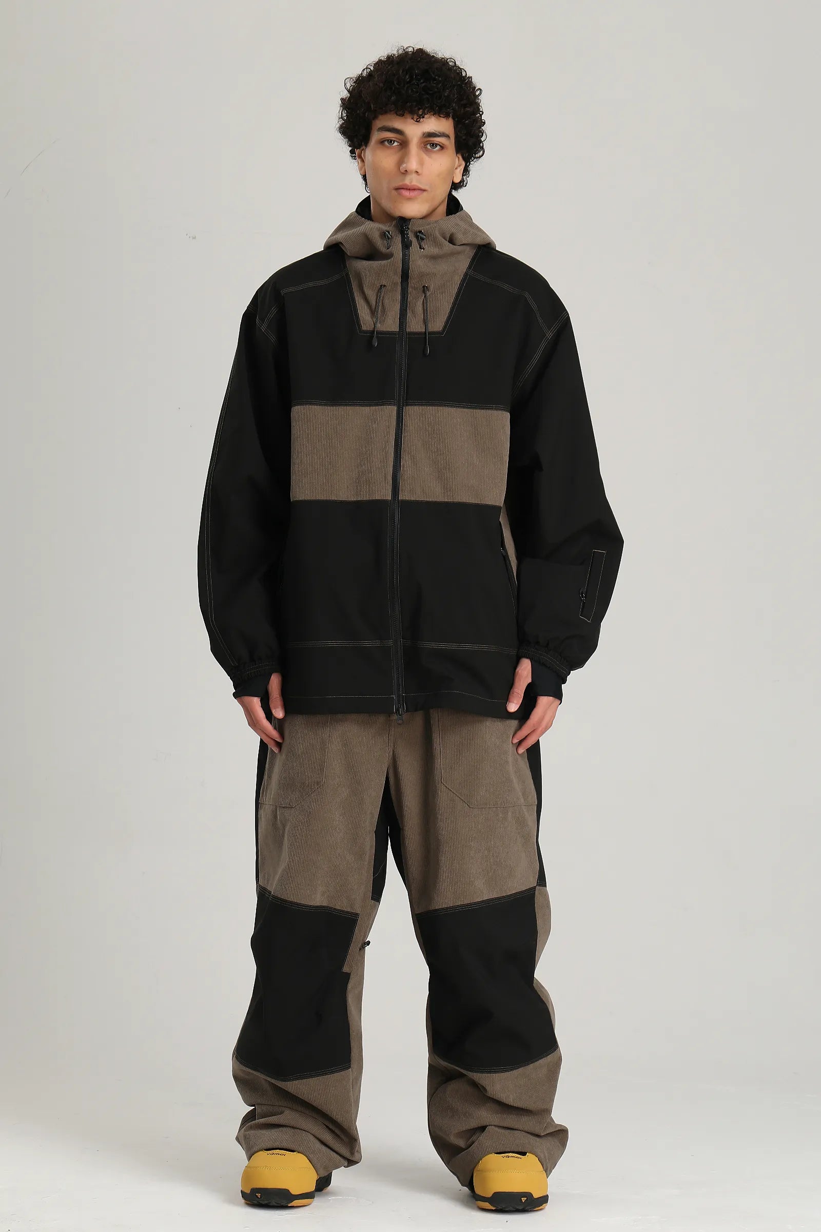 Men's Coffee & Black Color Block Contrast Corduroy Baggy Snow Pants