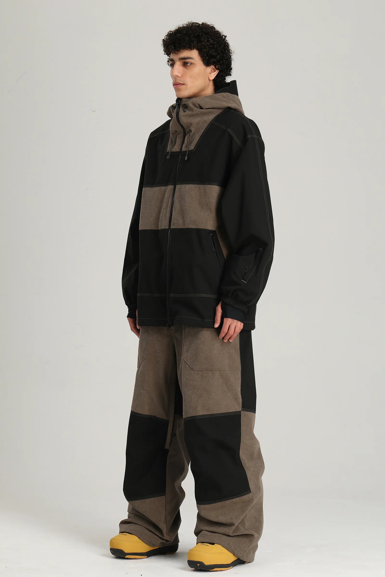 Men's Coffee & Black Color Block Contrast Corduroy Baggy Snow Pants