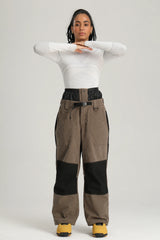 Women's Coffee & Black Color Block Contrast Corduroy Baggy Snow Pants