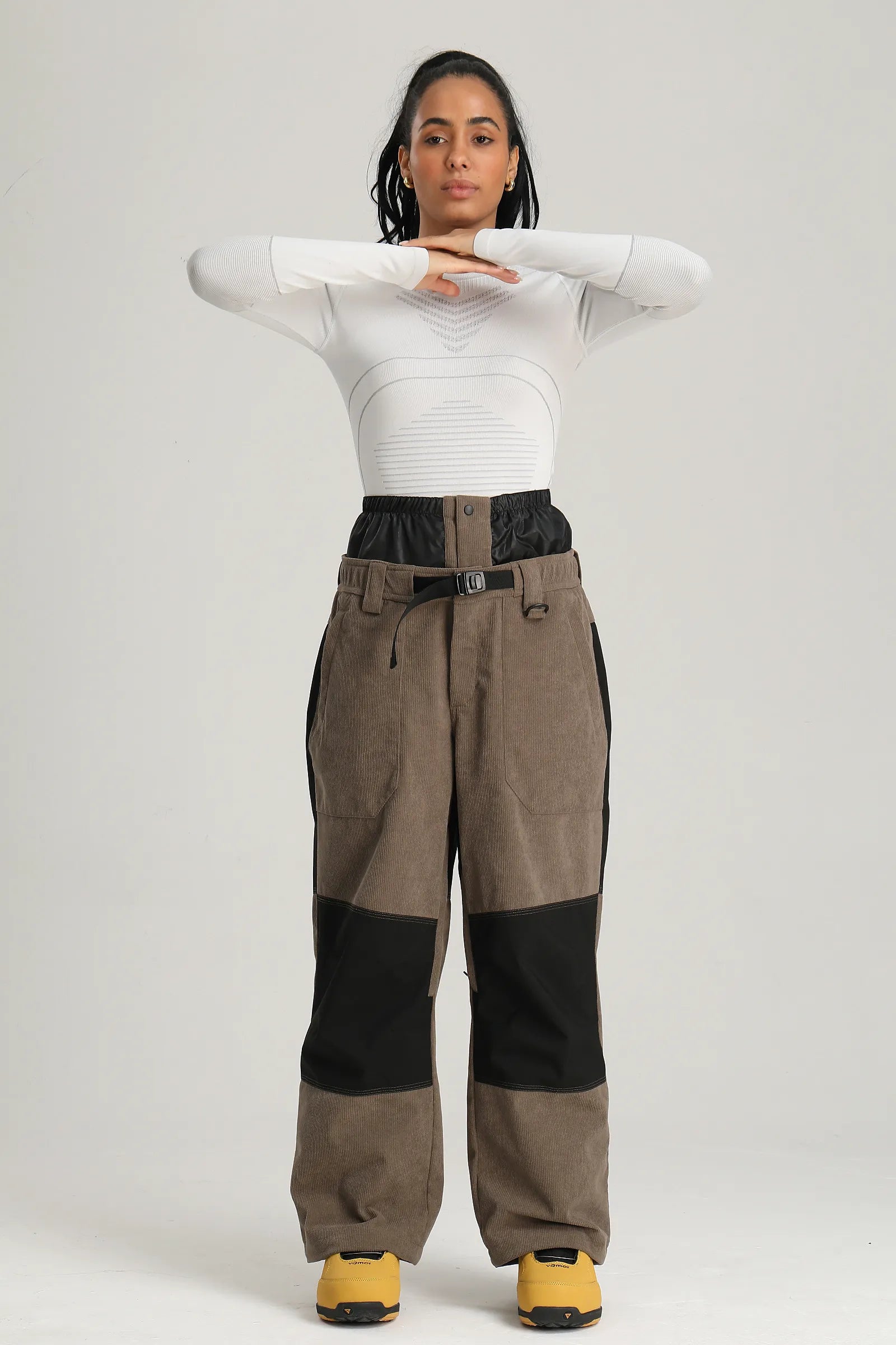Women's Coffee & Black Color Block Contrast Corduroy Baggy Snow Pants
