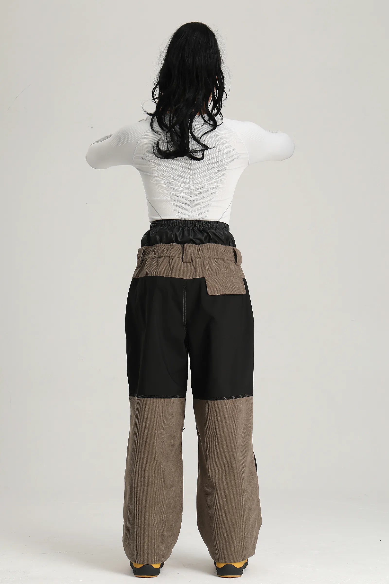 Women's Coffee & Black Color Block Contrast Corduroy Baggy Snow Pants