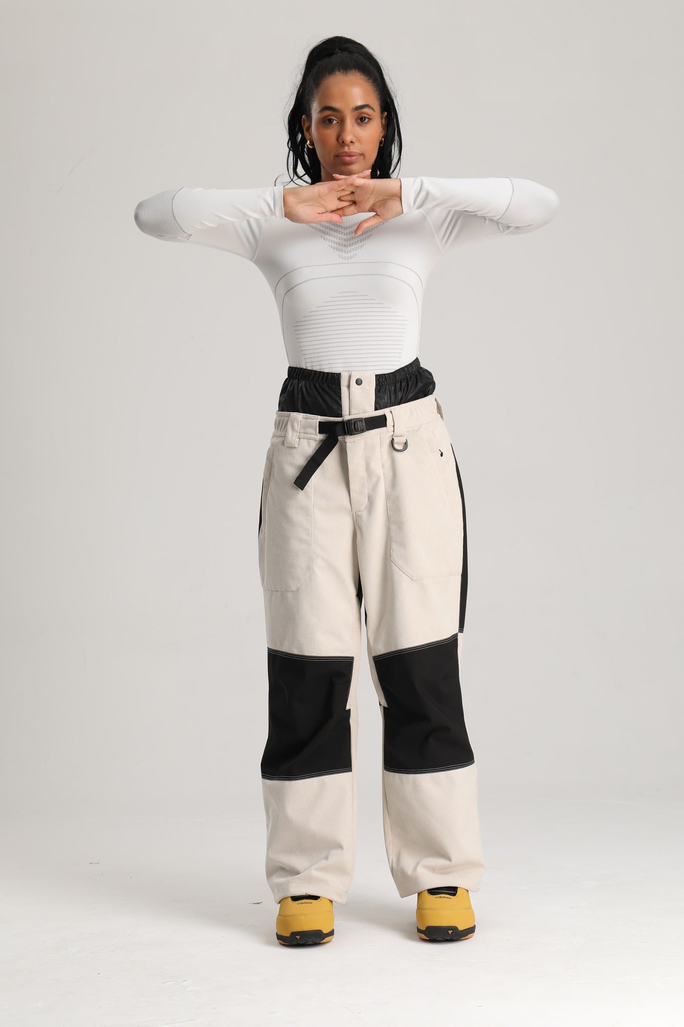 Women's Black & Off White Color Block Contrast Corduroy Baggy Snow Pants