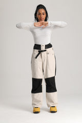 Women's Black & Off White Color Block Contrast Corduroy Baggy Snow Pants