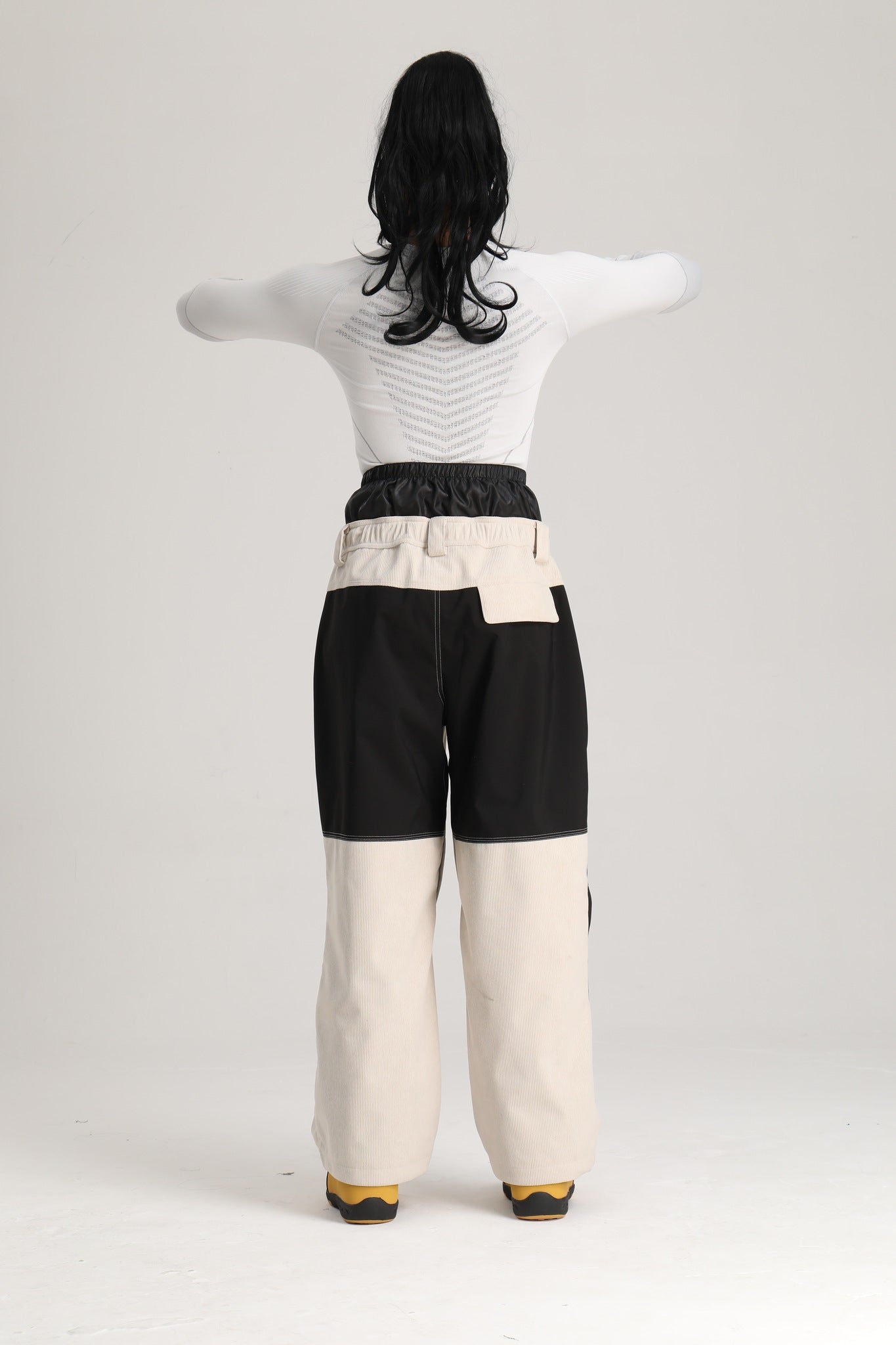 Women's Black & Off White Color Block Contrast Corduroy Baggy Snow Pants
