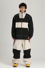 Men's Black Color Block Contrast Corduroy Baggy Snow Pants
