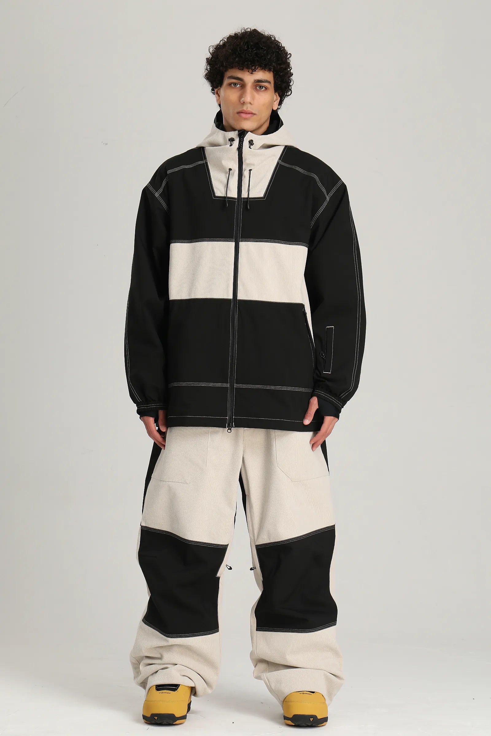 Men's Black & Off White Color Block Contrast Corduroy Baggy Snow Pants