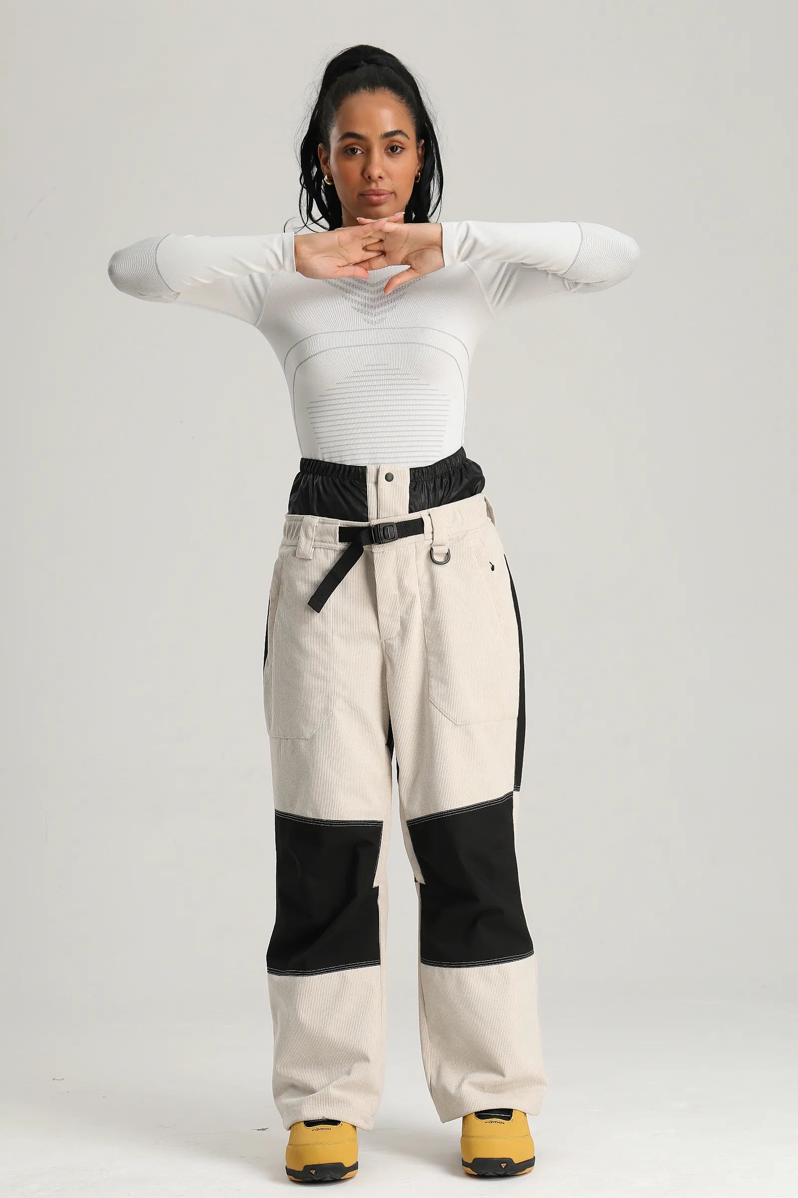 Women's Black & Off White Color Block Contrast Corduroy Baggy Snow Pants