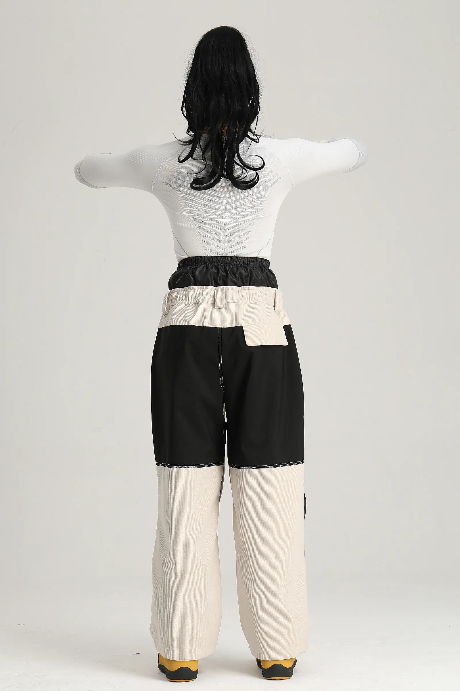 Women's Black & Off White Color Block Contrast Corduroy Baggy Snow Pants