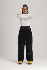Women's Black & Off White Color Block Contrast Corduroy Baggy Snow Pants
