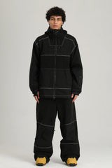 Men's Black Color Block Contrast Corduroy Baggy Snow Pants