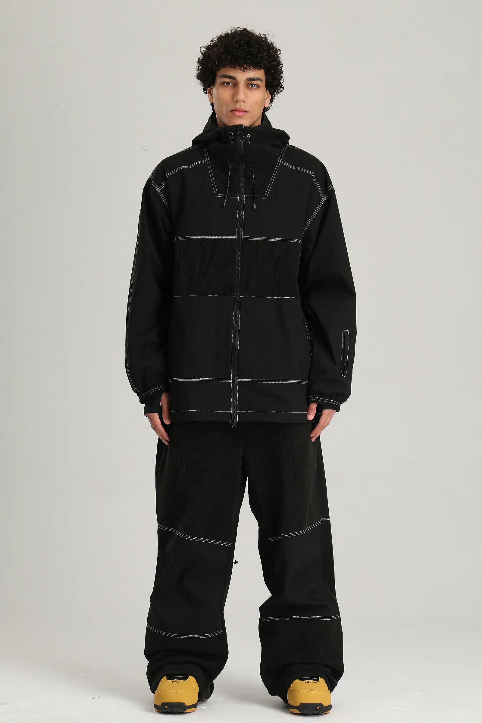 Men's Black Color Block Contrast Corduroy Baggy Snow Pants