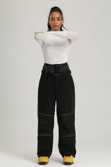 Women's Coffee & Black Color Block Contrast Corduroy Baggy Snow Pants
