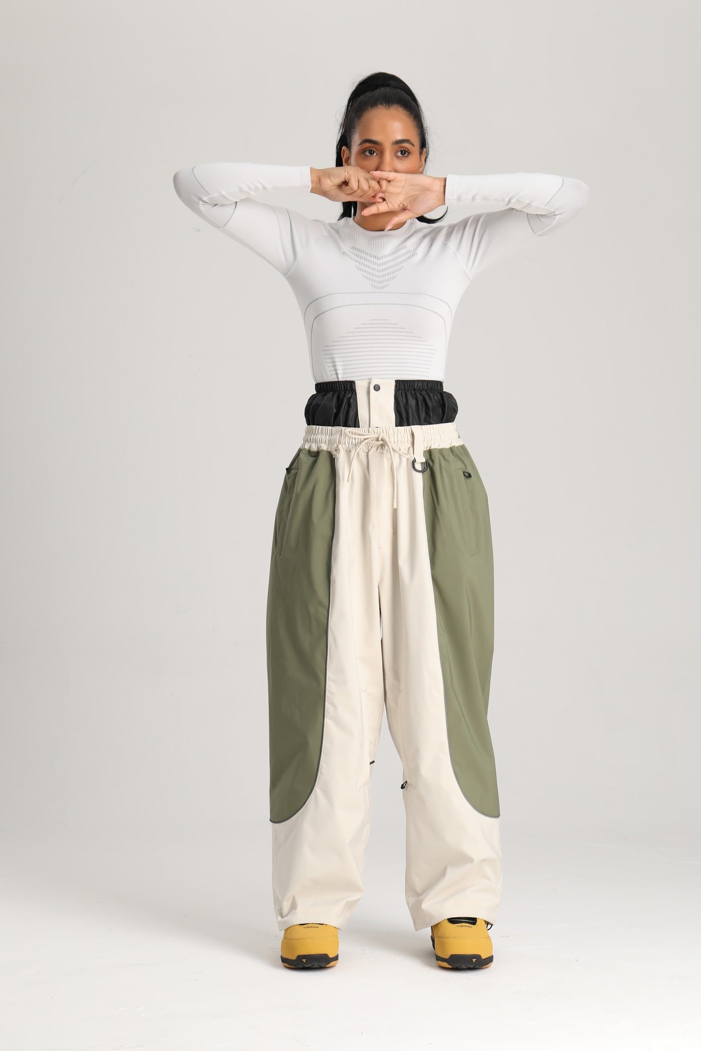 Women's Off White & Sage Utility Reflective Baggy Snowboard Pants