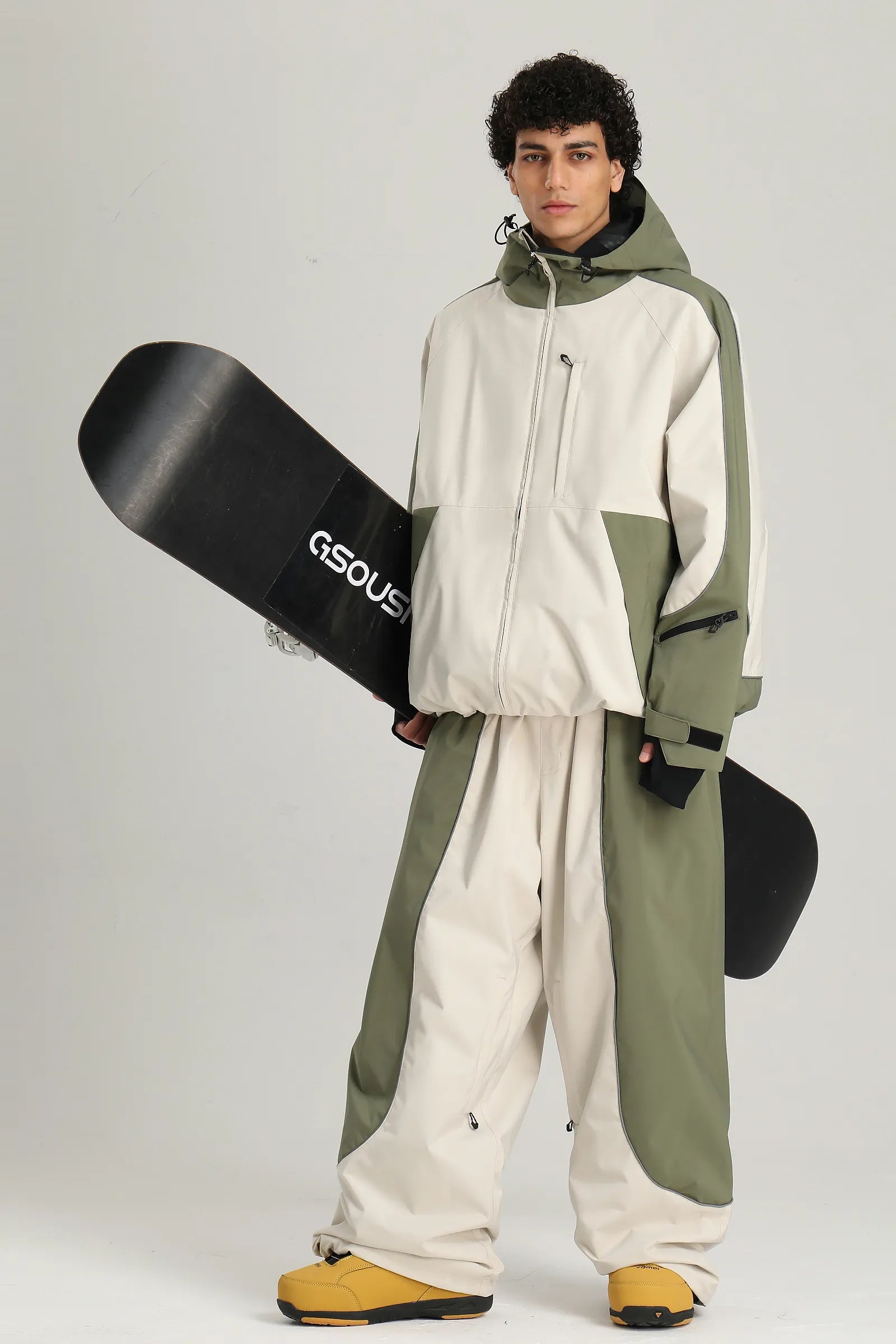 Men's Off White & Sage Utility Reflective Baggy Snowboard Pants