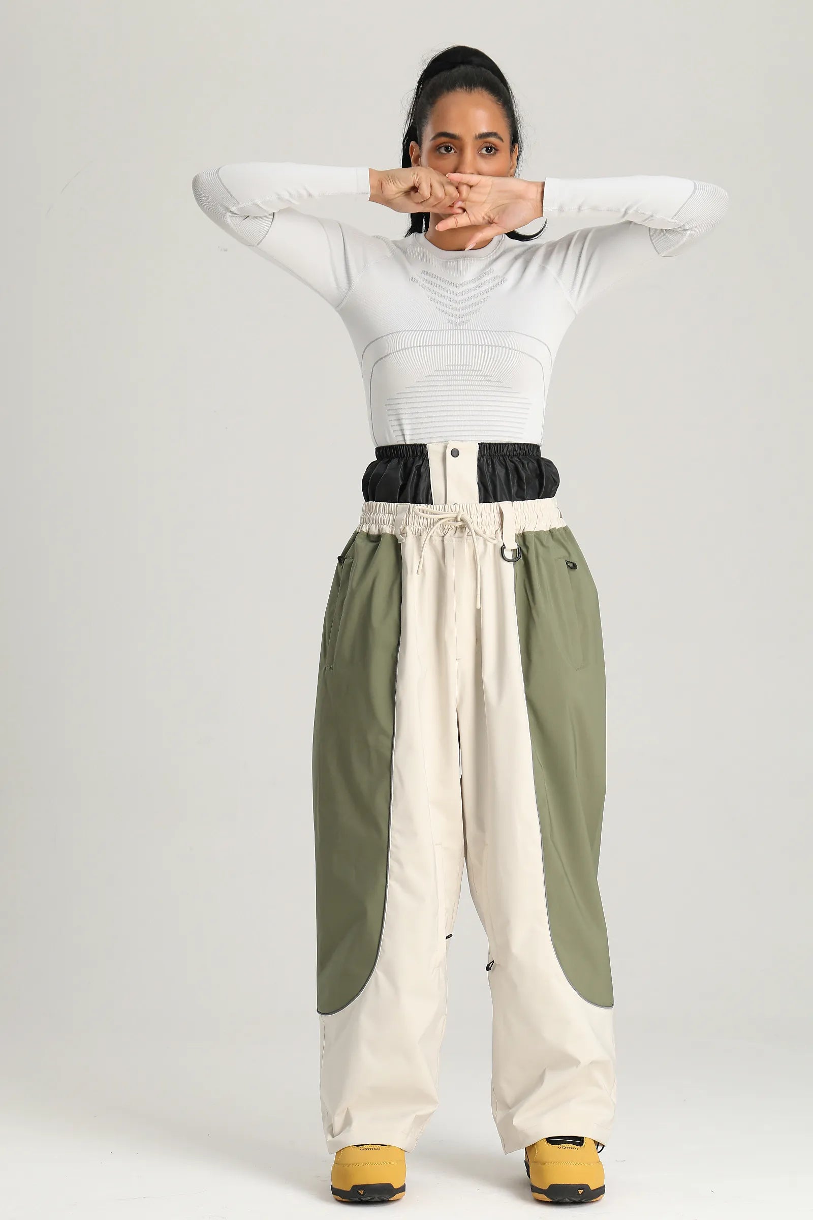 Women's Off White & Sage Utility Reflective Baggy Snowboard Pants