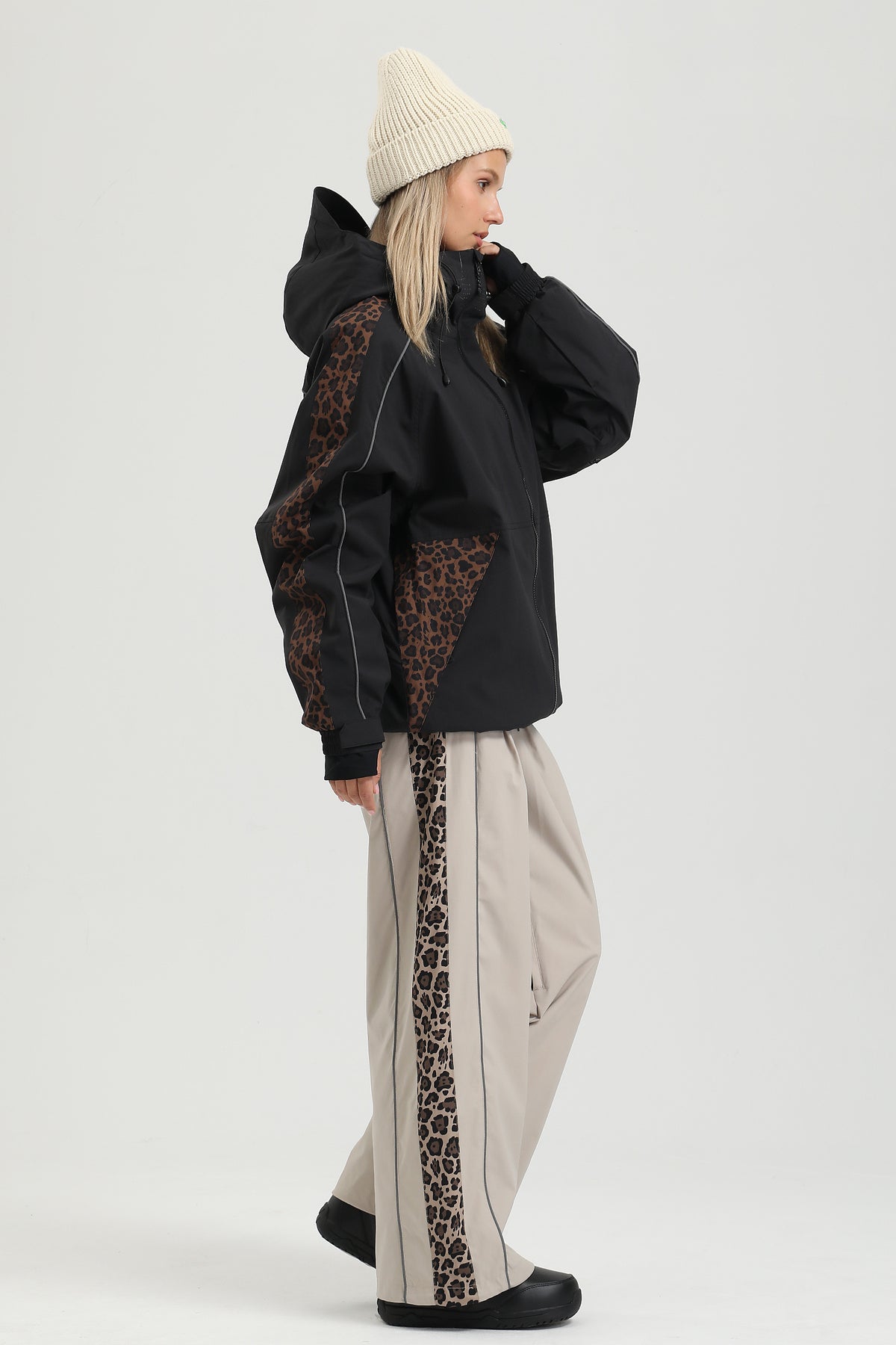 Women's Oat Milk & Leopard Retro Street wear Reflective Baggy Snow Pants