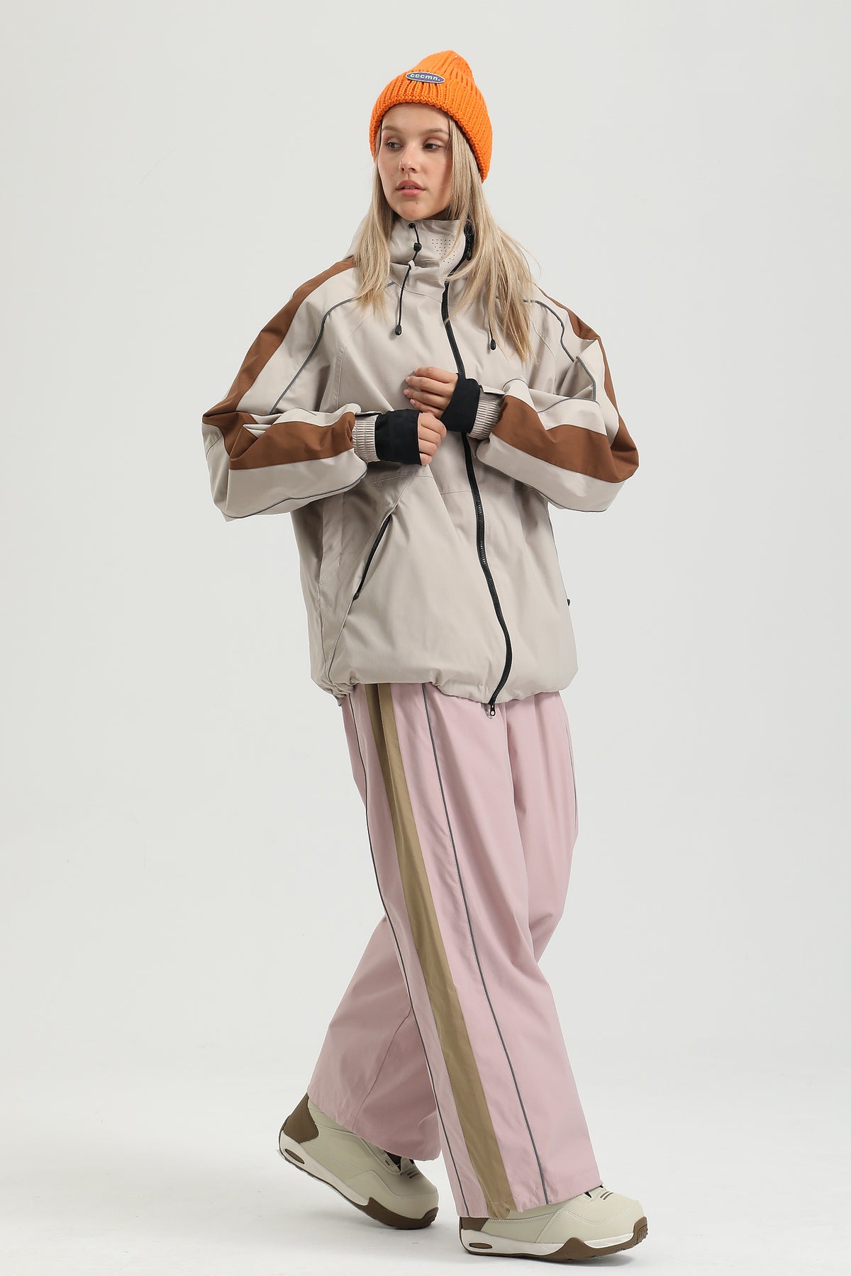 Women's Pink Retro Street wear Reflective Baggy Snow Pants