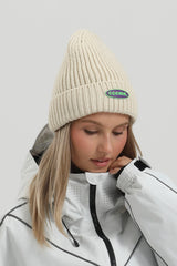 Unisex Beige Patch Cuffed Tall Pointed Knit Warm Soft Comfortable Beanie