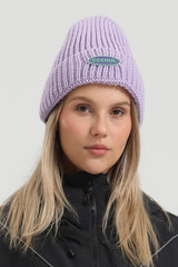 Unisex Beige Patch Cuffed Tall Pointed Knit Warm Soft Comfortable Beanie