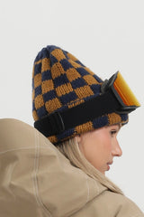 Unisex Grey White Checkerboard Cuffed Tall Pointed Chunky Knit Stretchy Stylish Beanie