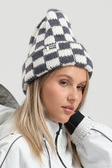 Unisex Grey White Checkerboard Cuffed Tall Pointed Chunky Knit Stretchy Stylish Beanie