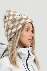 Unisex Grey White Checkerboard Cuffed Tall Pointed Chunky Knit Stretchy Stylish Beanie