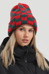 Unisex Grey White Checkerboard Cuffed Tall Pointed Chunky Knit Stretchy Stylish Beanie